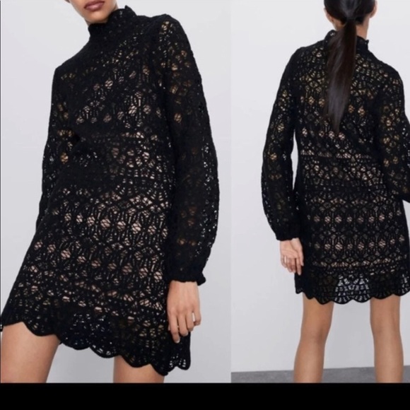 Zara Dresses & Skirts - ZARA black crocheted dress long sleeves Dress Size Small
